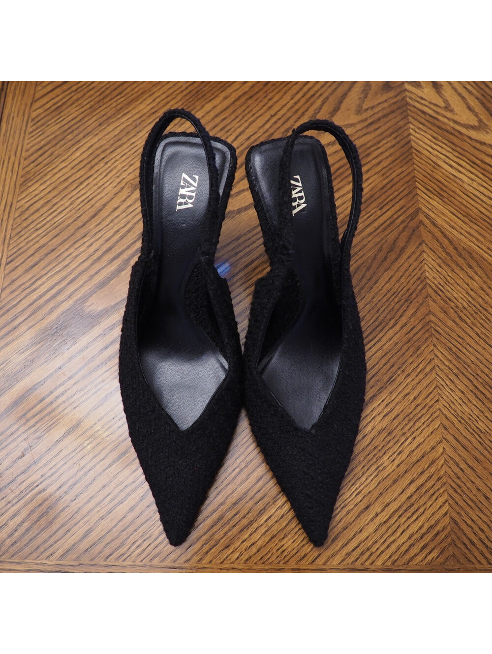 New ZARA Black Tweed Fabric Pointed Toe High Heel Slingback Shoes Size 38 US 7.5